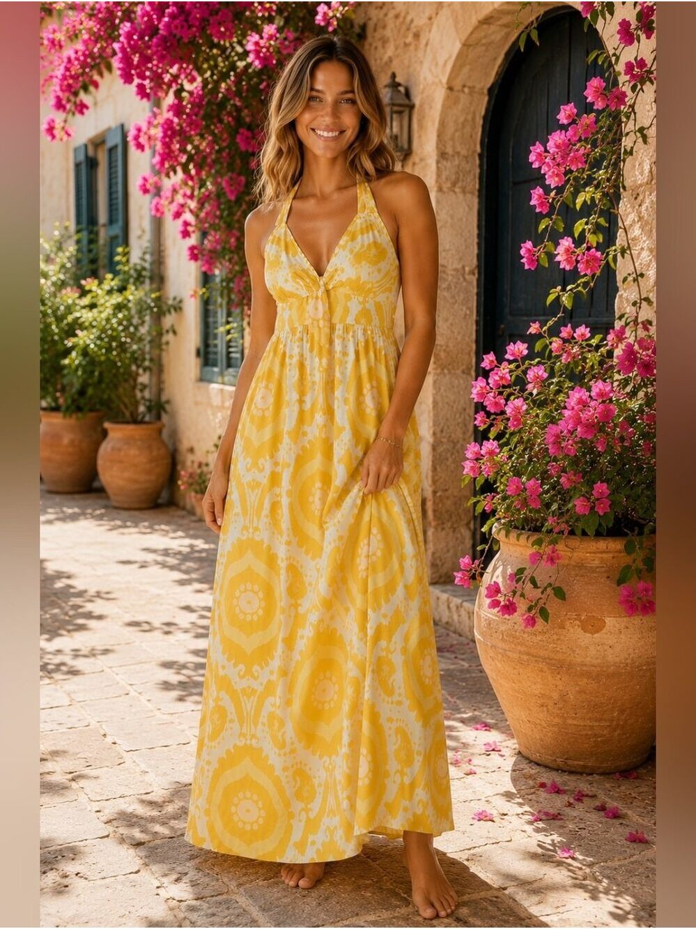 J.Crew Yellow Ikat Print Halter Maxi Dress Resort Vacation Boho Sundress Size 4